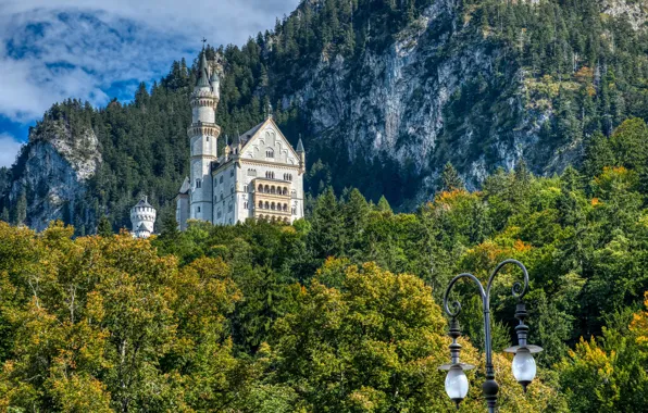 Картинка лес, горы, замок, скалы, Германия, Бавария, фонарь, Germany