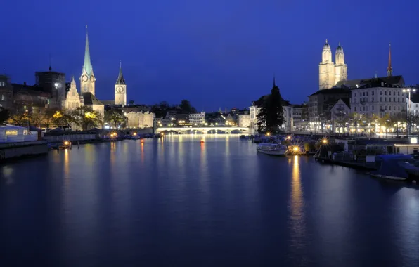 Город, река, вечер, Швейцария, Zürich