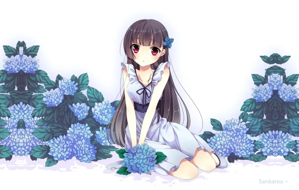 Зомби, красные глаза, Sankarea, Sanka Rea, Санка Рэя, белый сарафан, синяя гортензия