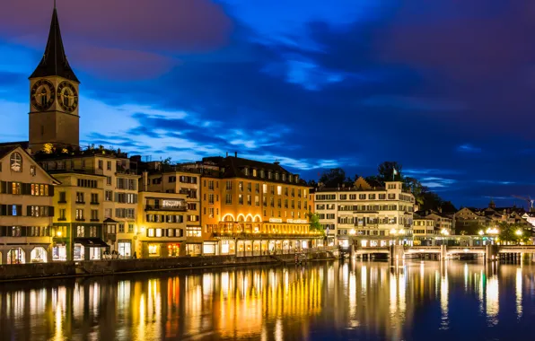 Картинка небо, ночь, город, река, фото, дома, Швейцария, Zurich
