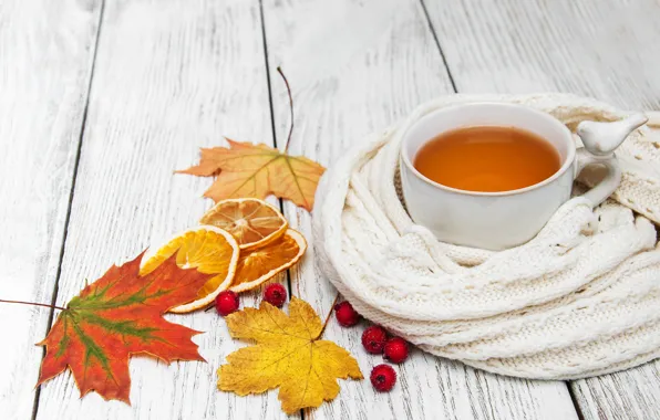 Картинка осень, листья, colorful, шарф, autumn, leaves, cup, tea