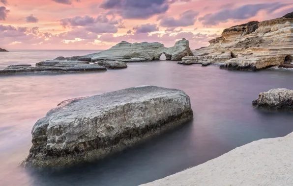 Картинка sky, sea, landscape, nature, sunset, clouds, rocks, horizon