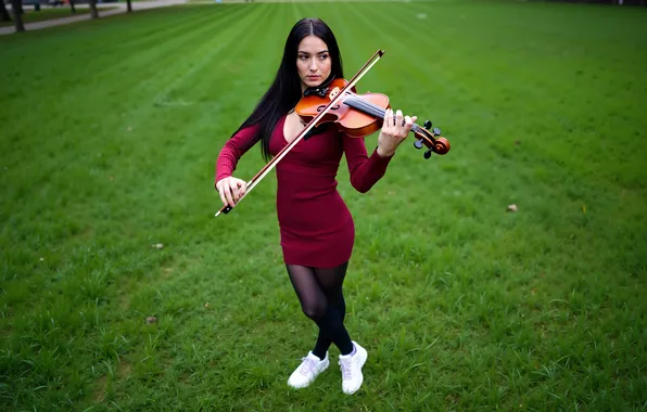 Картинка park, flirts, red dress, digital art, poses, photography, woman, violinist