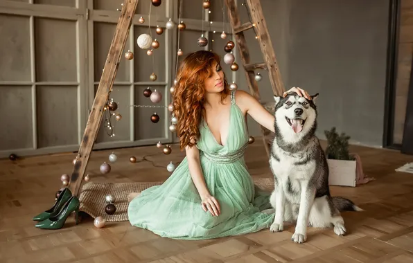 Dress, dog, model, redhead, floor, Георгий Дьяков