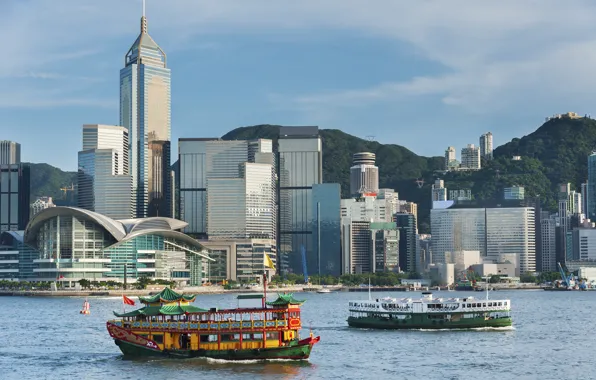 China, Гонконг, небоскрёбы, skyline, sea, гавань, Hong Kong, skyscrapers