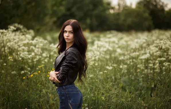 Девушка, Фото, Трава, Взгляд, Модель, Girl, Джинсы, Волосы