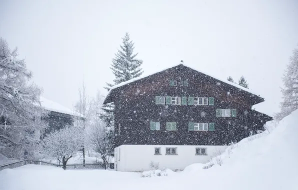 Картинка зима, снег, деревья, пейзаж, зимний, house, хижина, landscape