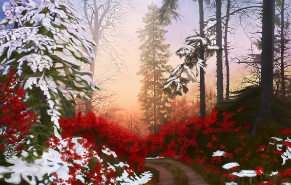 Картинка зима, дорога, лес, снег, природа, арт, Nina Vels, Christmas way