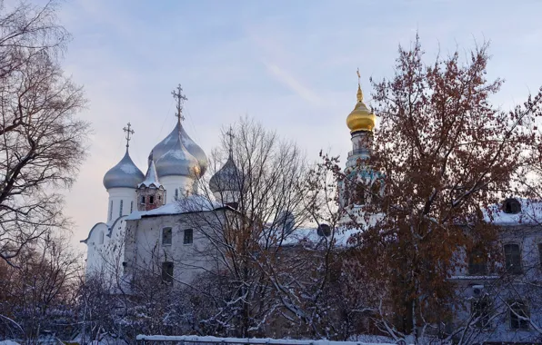 Зима, небо, солнце, снег, деревья, природа, церковь, храм
