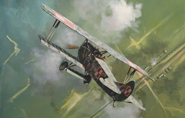 Облака, Самолет, Германия, Полет, Картина, Арт, Fokker D.VII, Английский художник