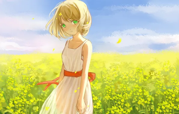 Картинка поле, цветы, желтые, платье, арт, девочка, clouble
