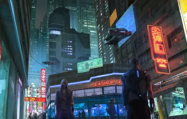 Ночь, город, улица, cyberpunk, прохожие