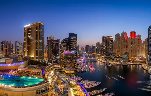 Картинка здания, бухта, яхты, бассейн, панорама, залив, Дубай, ночной город