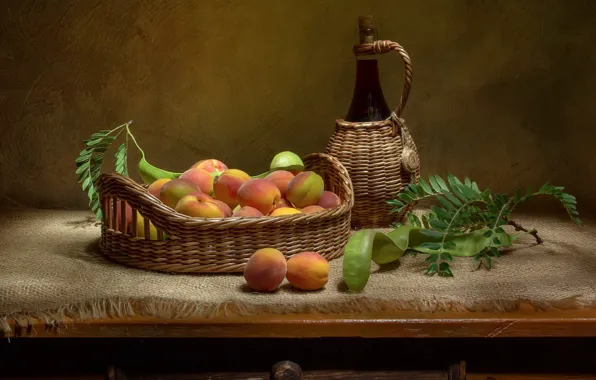Листья, стол, вино, бутылка, натюрморт, корзинка, мешковина, абрикосы