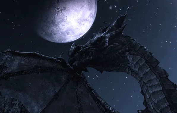 Картинка ночь, луна, дракон, скайрим, The Elder Scrolls V Skyrim
