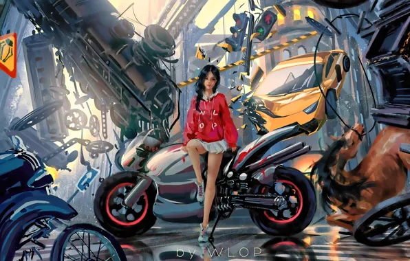 Картинка car, city, girl, fantasy, game, science fiction, motorcycle, sci-fi