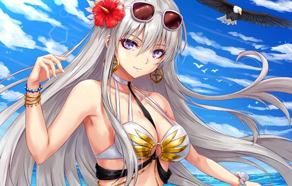 Girl, sexy, cleavage, Enterprise, long hair, sea, boobs, anime