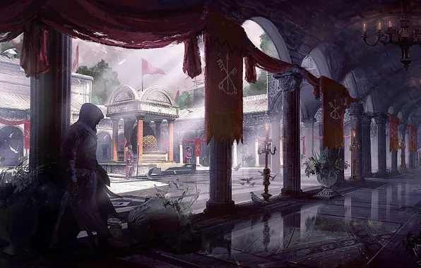 Картинка здание, свечи, арт, двор, колонны, Brotherhood, Assassin’s Creed, Donglu Yu