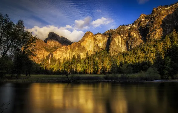 Картинка небо, облака, деревья, закат, горы, река, США, Yosemite National Park