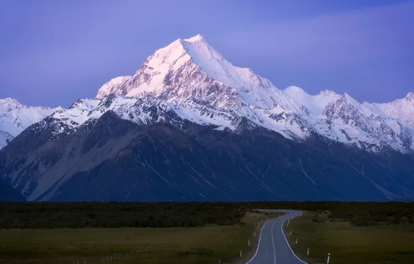 Картинка road, sky, field, landscape, nature, mountain, snow, Denali