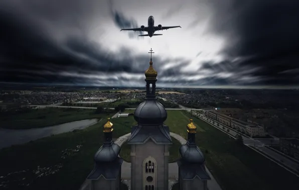 Картинка город, храм, самолёт