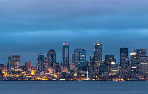City, skyline, panorama, morning, blue hour, cityscape, seattle, november