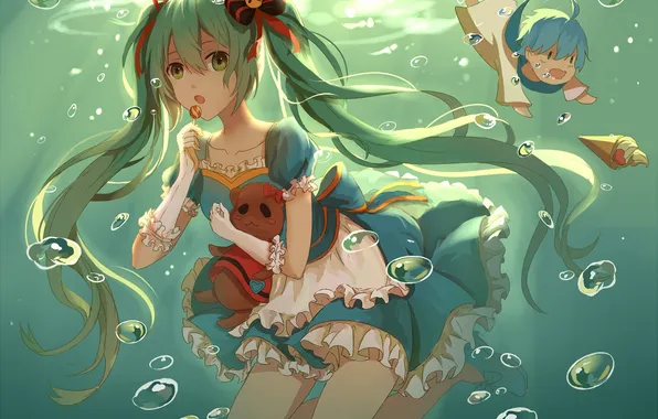 Картинка девушка, пузыри, аниме, арт, парень, vocaloid, под водой, kaito