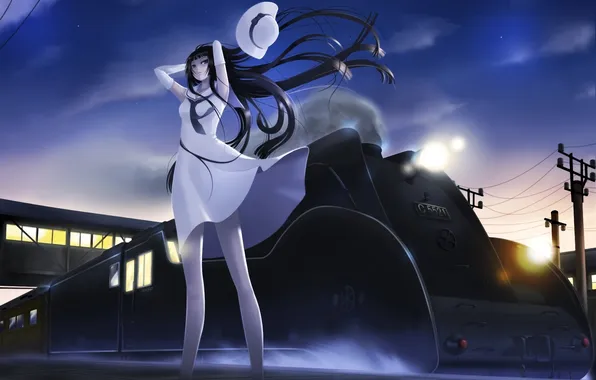 Картинка девушка, ветер, поезд, шляпа, платье, арт, mc-4
