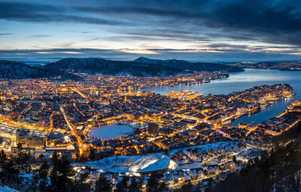 Зима, горы, Норвегия, панорама, ночной город, Norway, Берген, Bergen