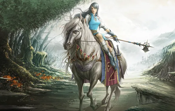 Картинка лес, оружие, лошадь, Девушка, сказка, меч