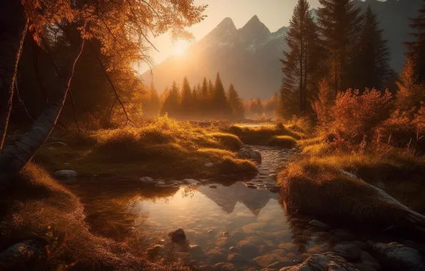 Осень, лес, солнце, свет, пейзаж, горы, природа, туман
