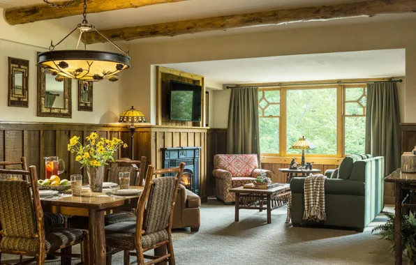 Дизайн, уют, интерьер, камин, гостиная, столовая, cozy room, at the Blue River house