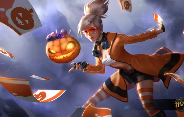Картинка карты, девушка, очки, блондинка, тыква, Heroes of Newerth, Tarot, Trick-or-Treat