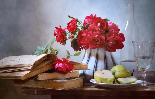 Цветы, стол, бокал, книги, бутылка, розы, букет, красные