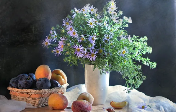 Цветы, букет, ваза, миска, натюрморт, абрикос, слива, Still Life
