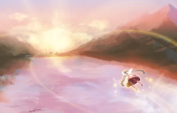 Картинка небо, девушка, солнце, закат, горы, озеро, крылья, арт