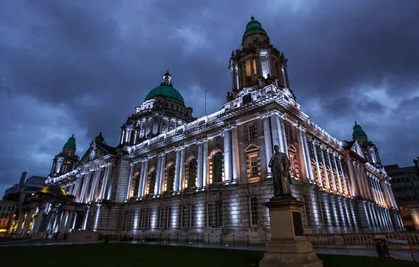 Ночь, огни, памятник, City Hall, Северная Ирландия, Белфаст