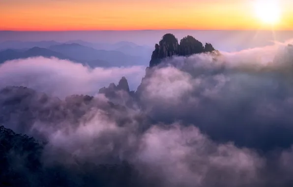 Картинка облака, закат, горы, Китай, Аньхой, Хуаншань