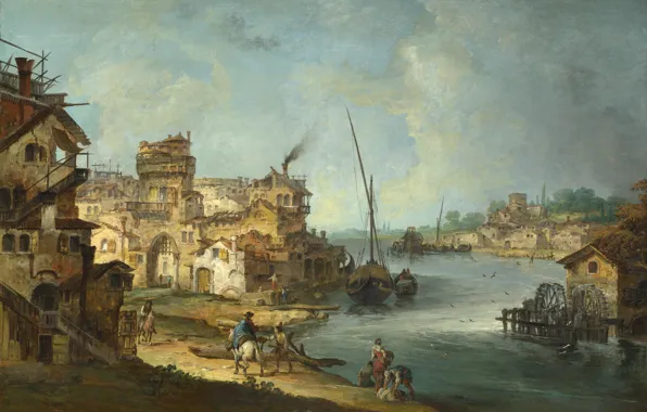 Картинка пейзаж, картина, Микеле Мариески, Michele Marieschi, Люди и Дома у Рреки с Торговыми Судами