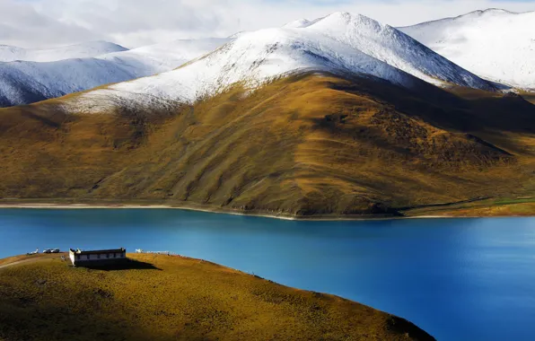 Картинка горы, дом, река, Тибет