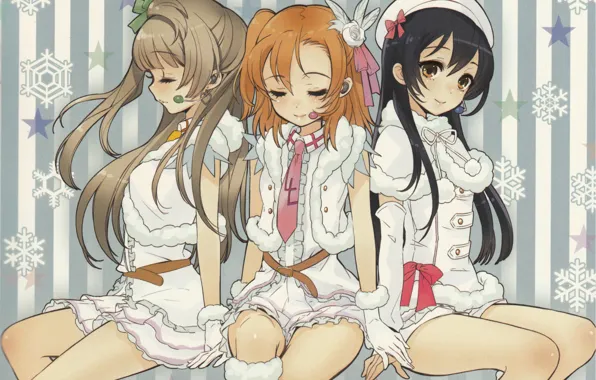 Звезды, снежинки, полоска, микрофон, трое, art, подруги, love live!