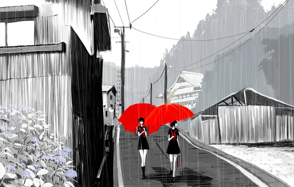 Картинка город, девушки, дождь, Красные зонты