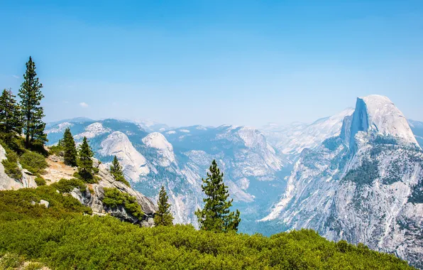 Картинка деревья, горы, камни, скалы, Калифорния, панорама, США, Йосемити