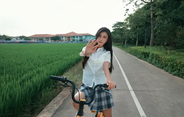 Beautiful, Asian, Model, Woman, Bicycle, Road, Pretty, Japanese