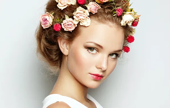 Девушка, цветы, волосы, весна, макияж, красивая