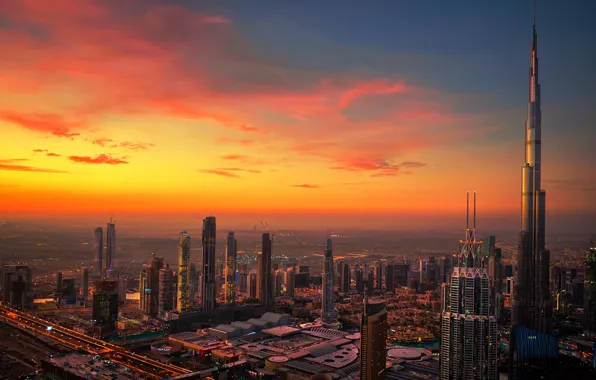 Картинка закат, здания, панорама, Dubai, небоскрёбы, ОАЭ, UAE, Дубай Дубай