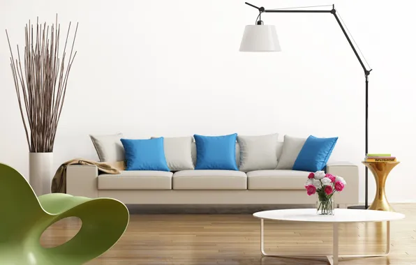 Дизайн, зеленый, серый, голубой, интерьер, кресло, подушки, столик