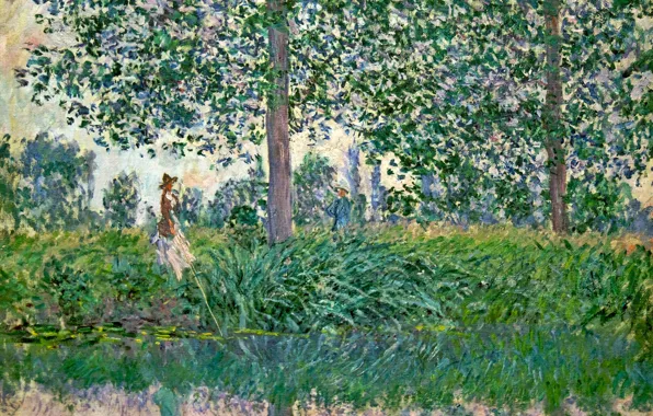 Картинка деревья, пейзаж, картина, Клод Моне, Рыбалка на Реке Эпт