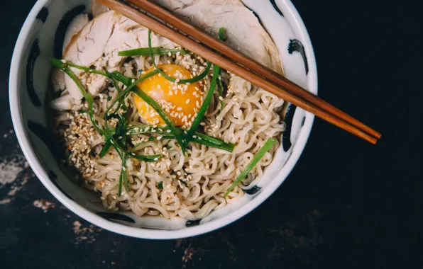 Птица, яйцо, палочки, курица, тарелка, мясо, желток, кунжут