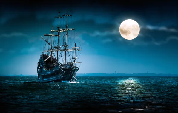 Картинка море, облака, ночь, корабль, полнолуние, плавание